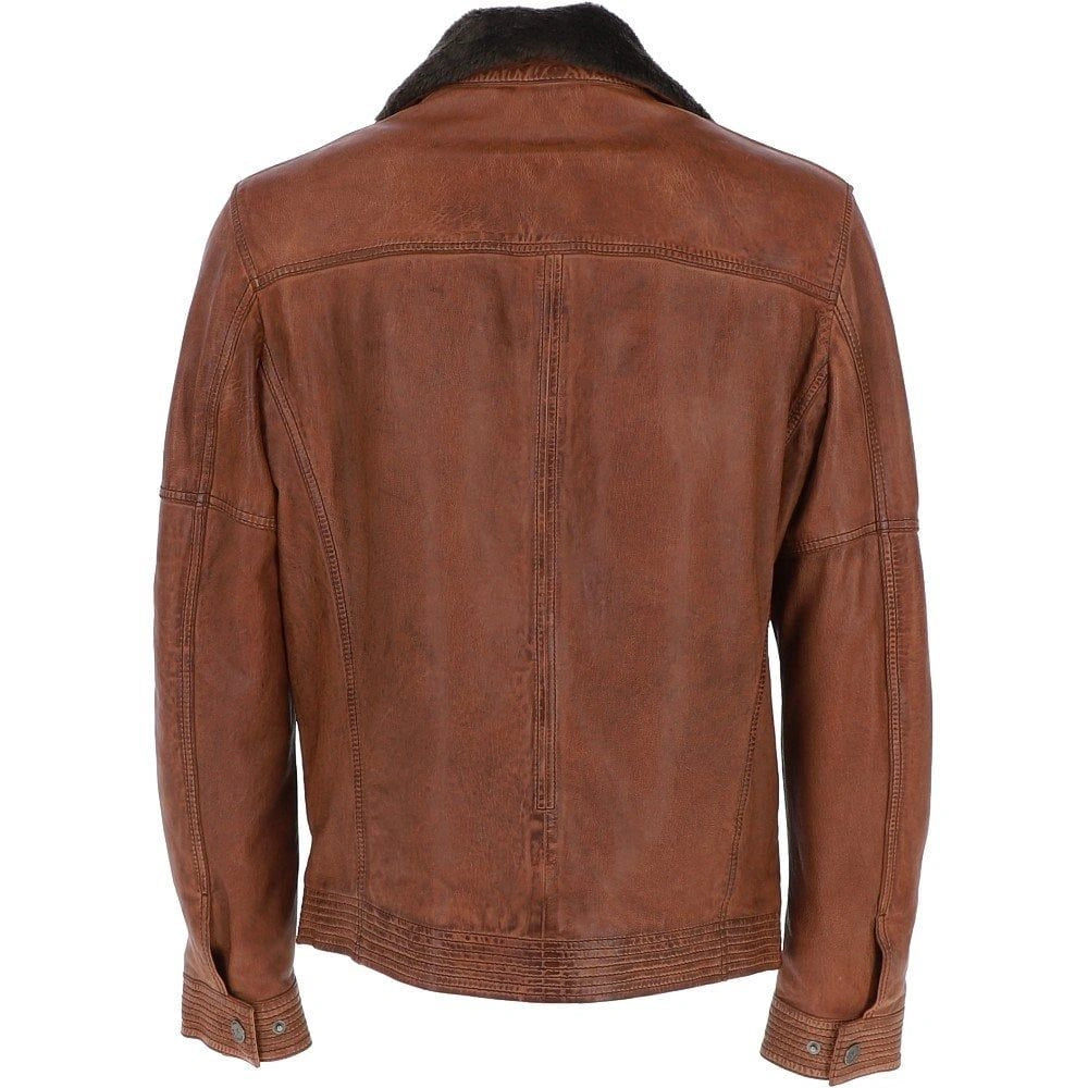 Men Leather Detachable Collar Cognac Biker Jacket 