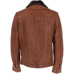 Men Leather Detachable Collar Cognac Biker Jacket 