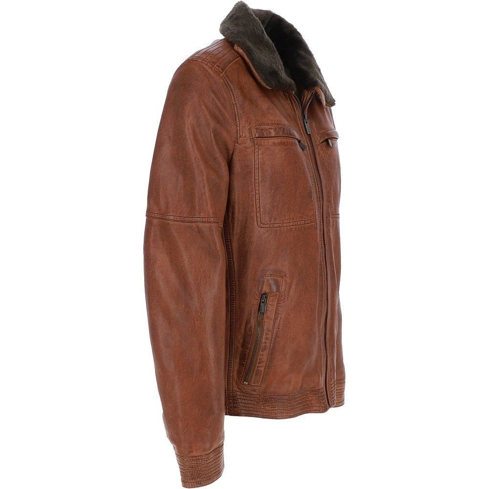 Men Leather Detachable Collar Cognac Biker Jacket 