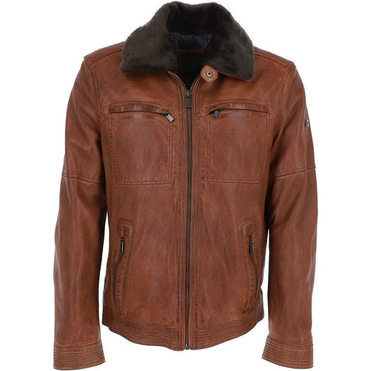 Men Leather Detachable Collar Cognac Biker Jacket 