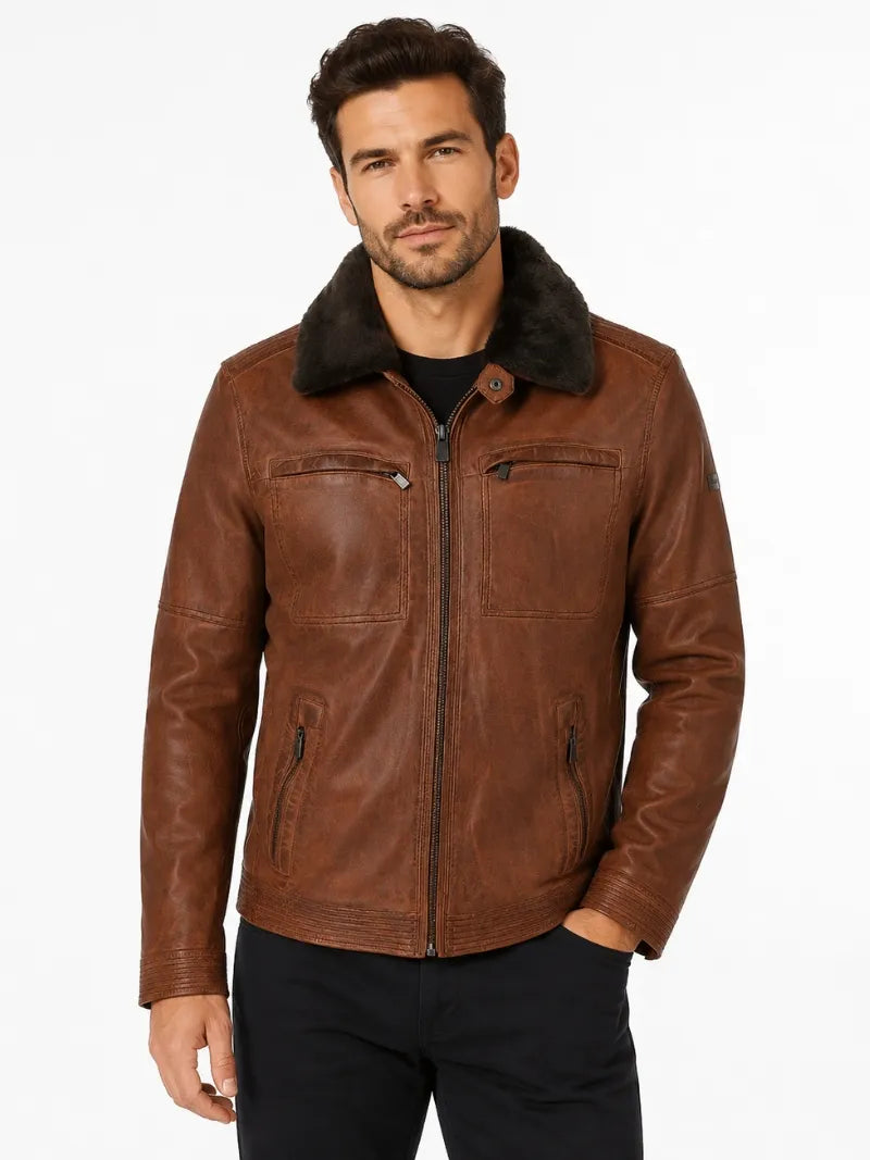 Men's Leather Detachable Collar Jacket, closure detail