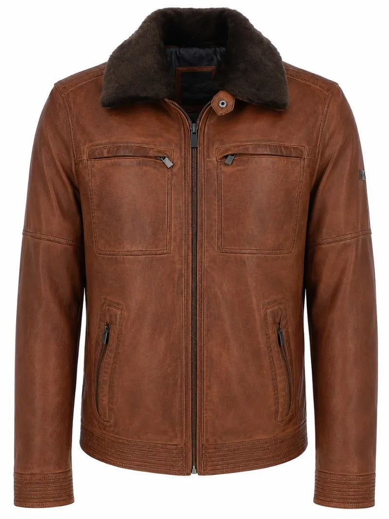 Men's Leather Detachable Collar Jacket, front view