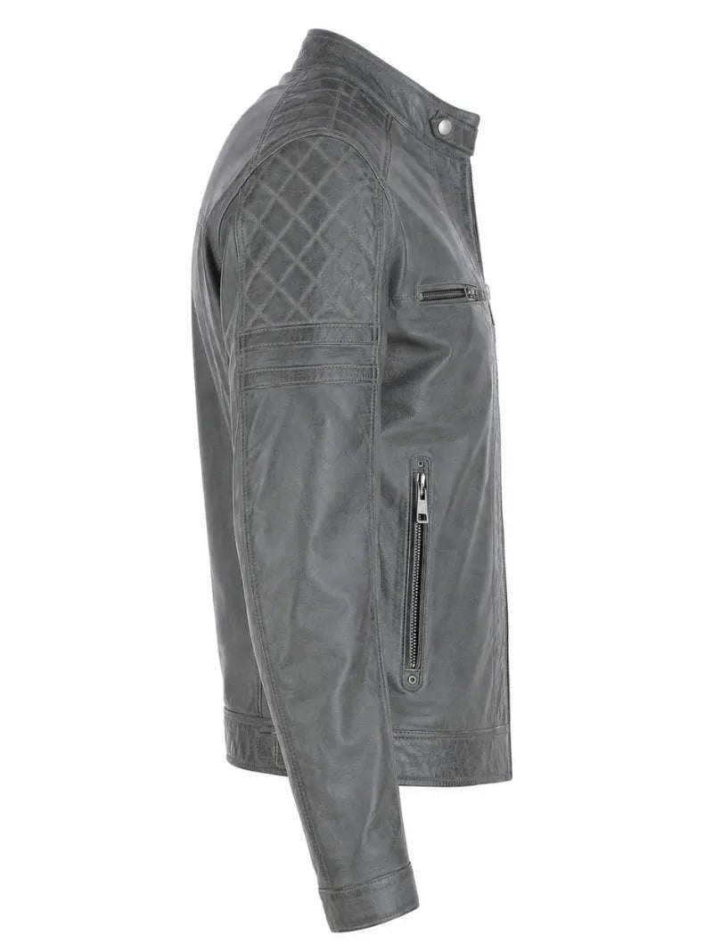 Men's Leather Gray Vintage Jacket, collar detail