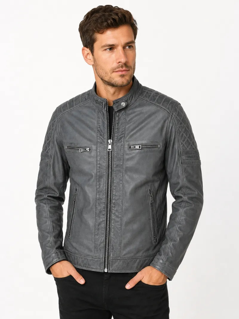 Men's Leather Gray Vintage Jacket, closure detail