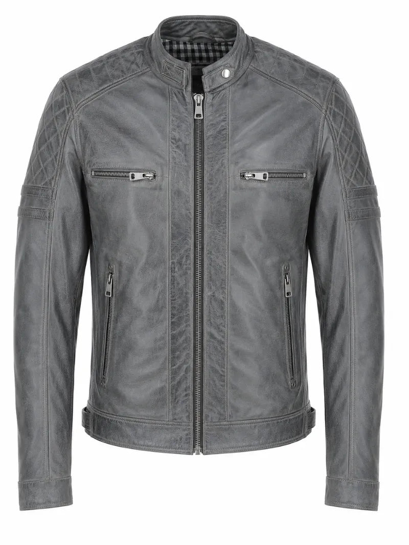 Men's Leather Gray Vintage Jacket, front view