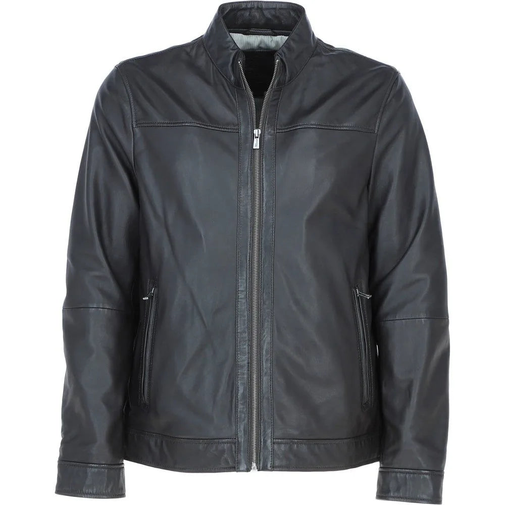 Men Leather Mandarin Collar Zip-Up Biker Jacket 