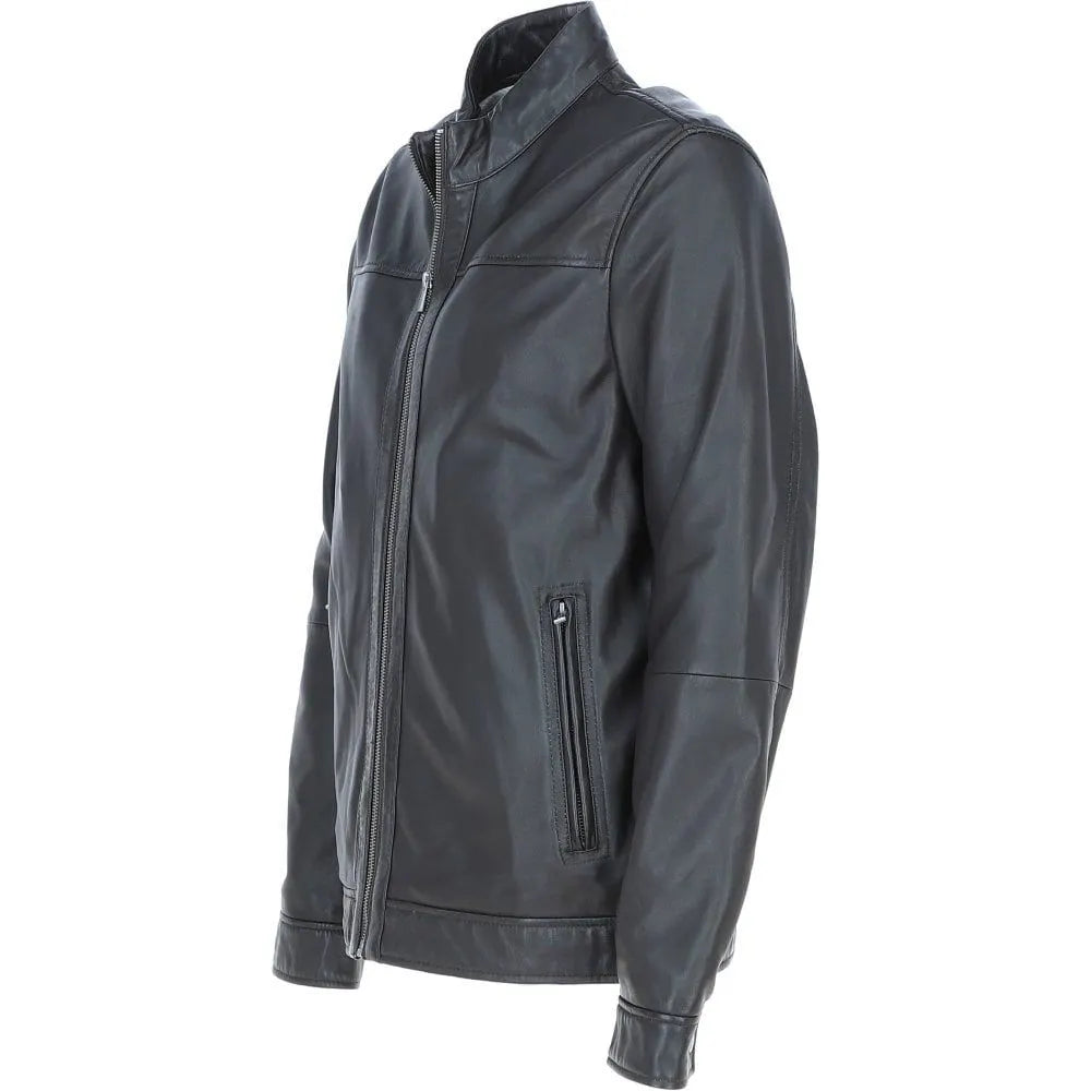 Men Leather Mandarin Collar Zip-Up Biker Jacket 