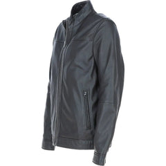 Men Leather Mandarin Collar Zip-Up Biker Jacket 