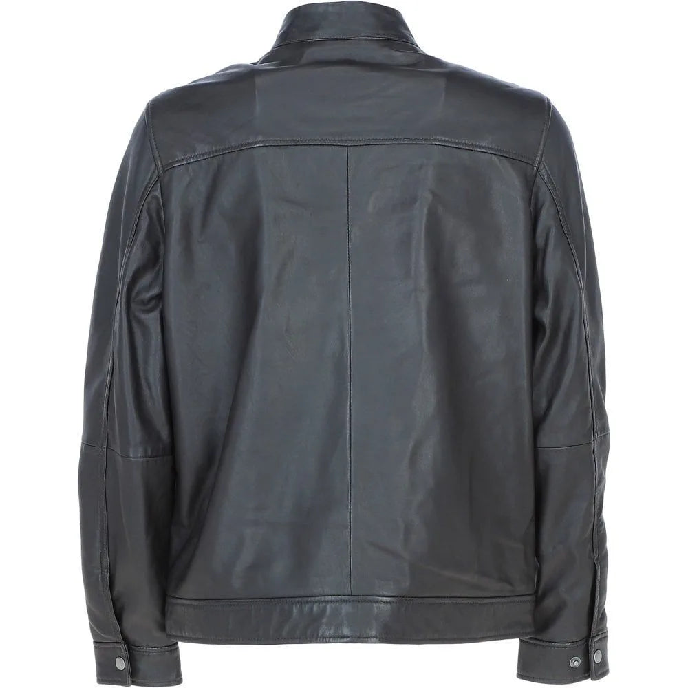 Men Leather Mandarin Collar Zip-Up Biker Jacket 