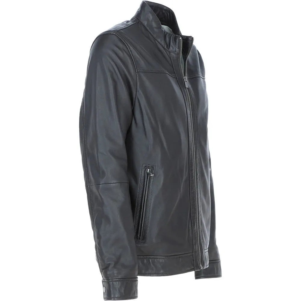 Men Leather Mandarin Collar Zip-Up Biker Jacket 