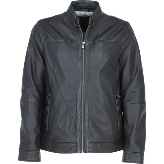 Men Leather Mandarin Collar Zip-Up Biker Jacket 