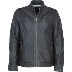 Men Leather Mandarin Collar Zip-Up Biker Jacket 