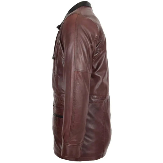 Men Leather Maroon Short Length Winter Coat