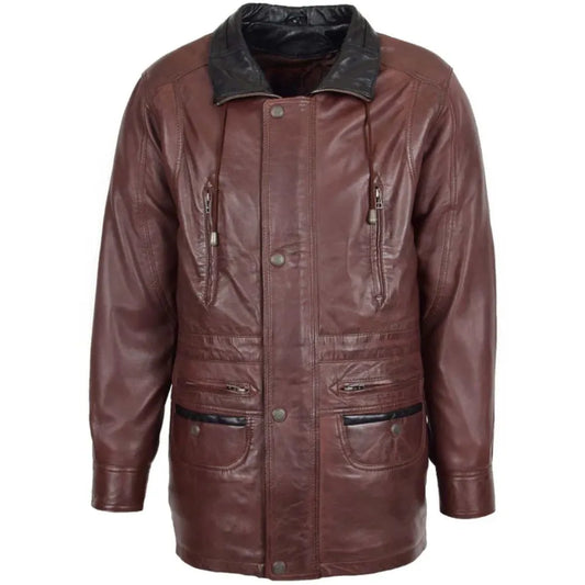 Men Leather Maroon Short Length Winter Coat