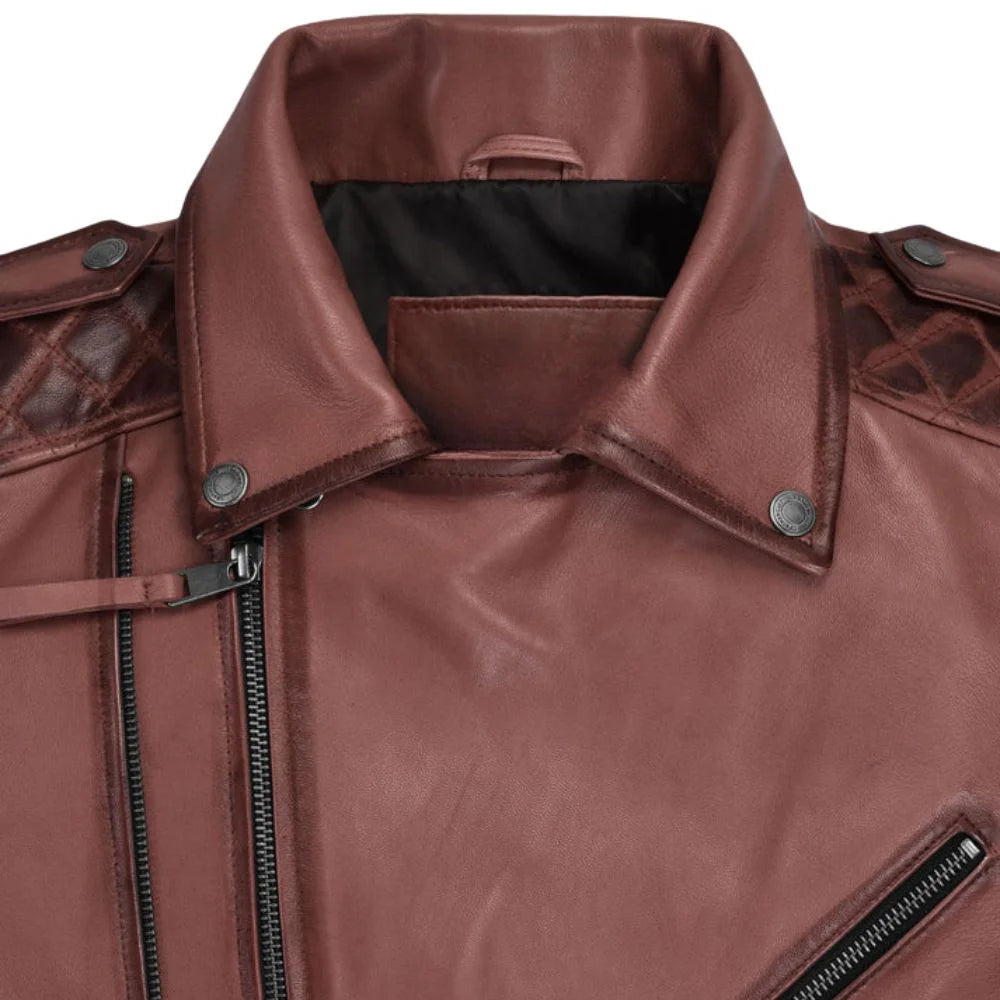 Men Lighter Maroon Quilted Leather Jacket