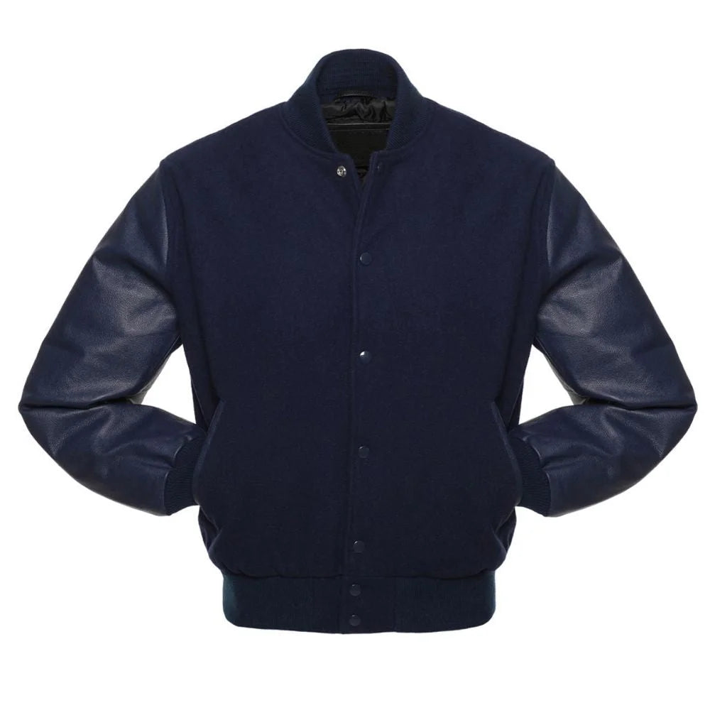 Men Navy Black Leather Sleeves Jacket