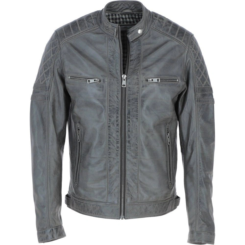 Men Premium Leather Gray Vintage Biker Jacket 