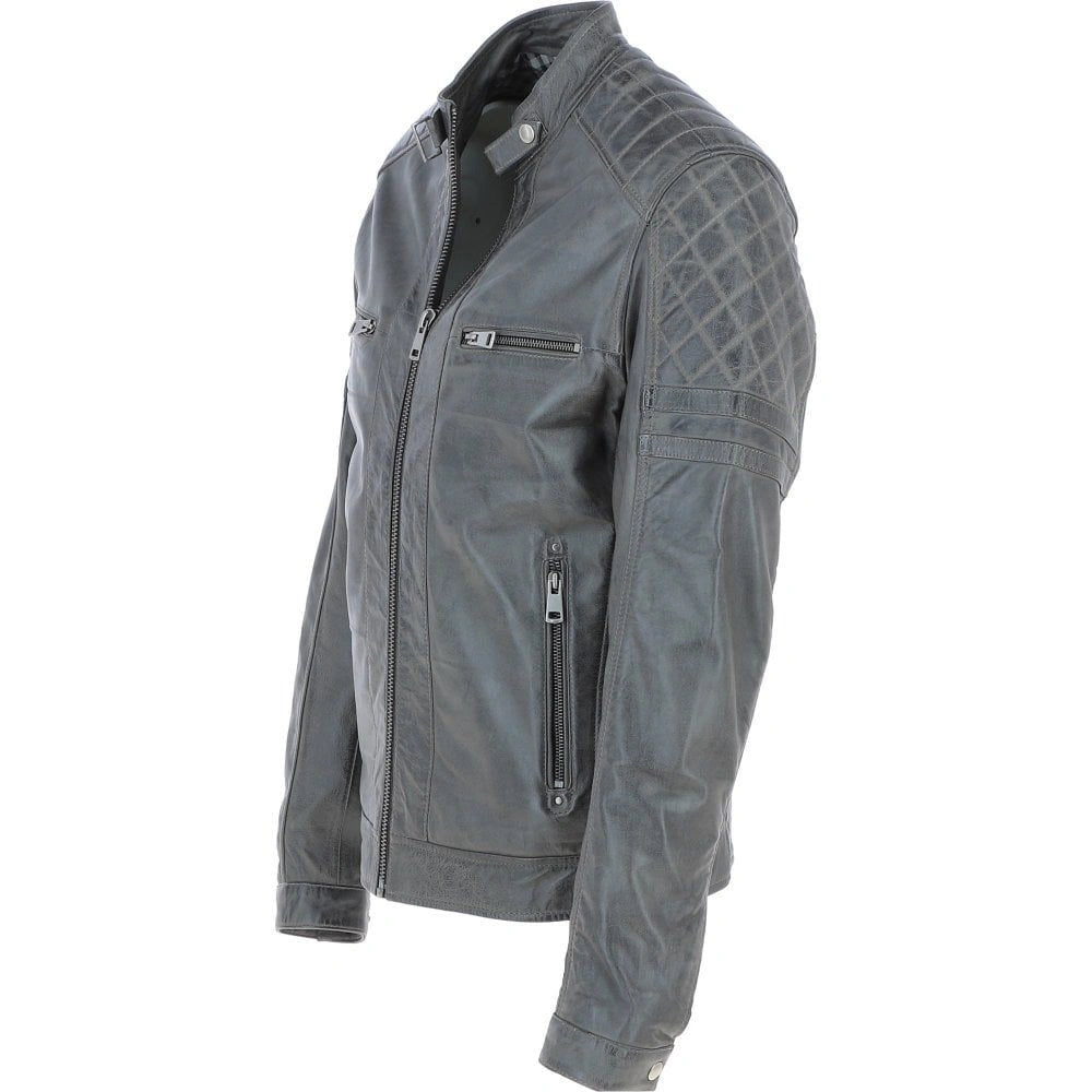 Men Premium Leather Gray Vintage Biker Jacket 