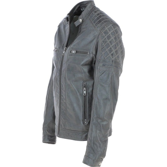 Men Premium Leather Gray Vintage Biker Jacket 