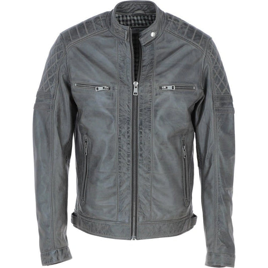 Men Premium Leather Gray Vintage Biker Jacket 