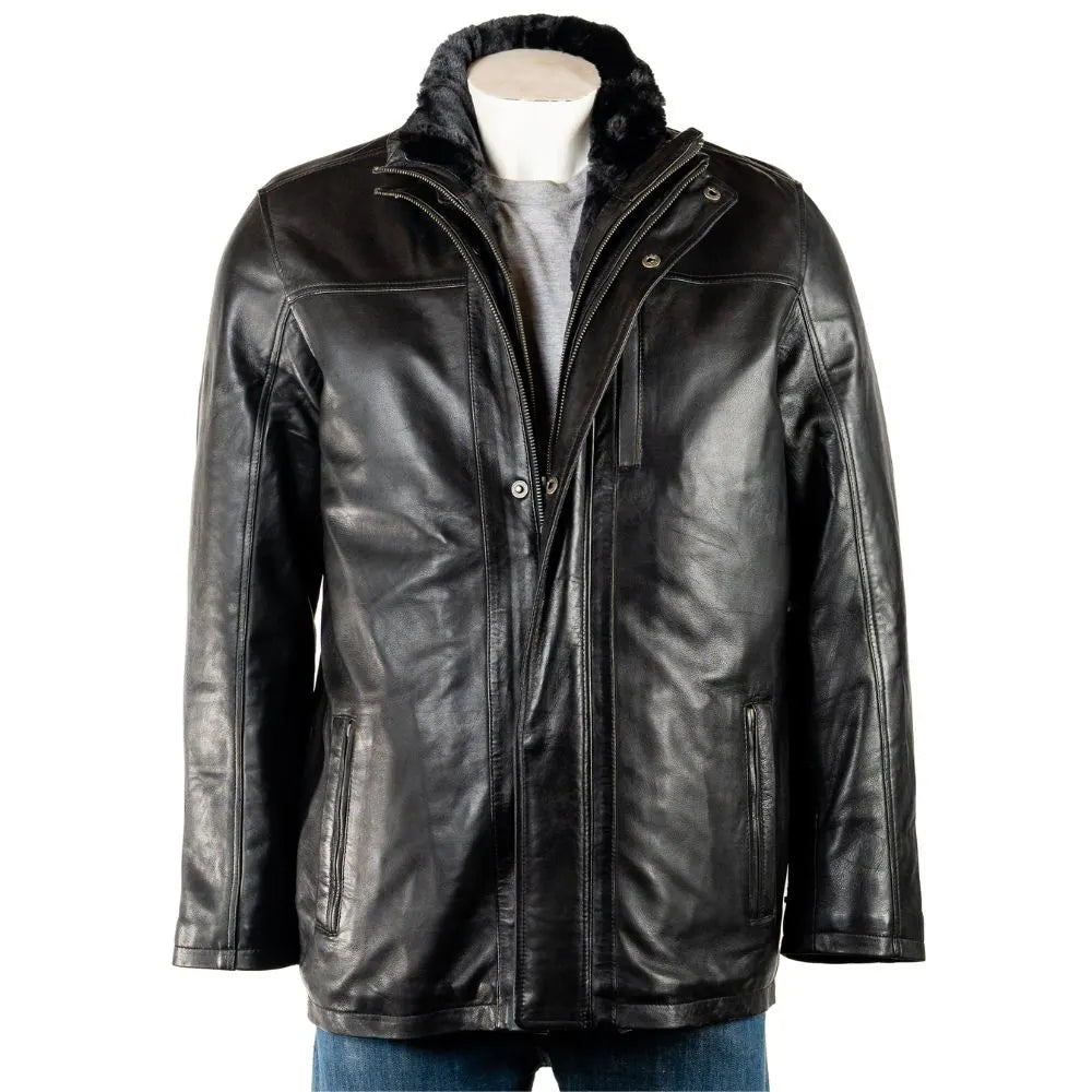 Men Smart Removable Inner Collar Black Leather Coat 