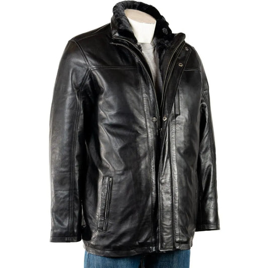Men Smart Removable Inner Collar Black Leather Coat 