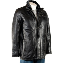 Men Smart Removable Inner Collar Black Leather Coat 