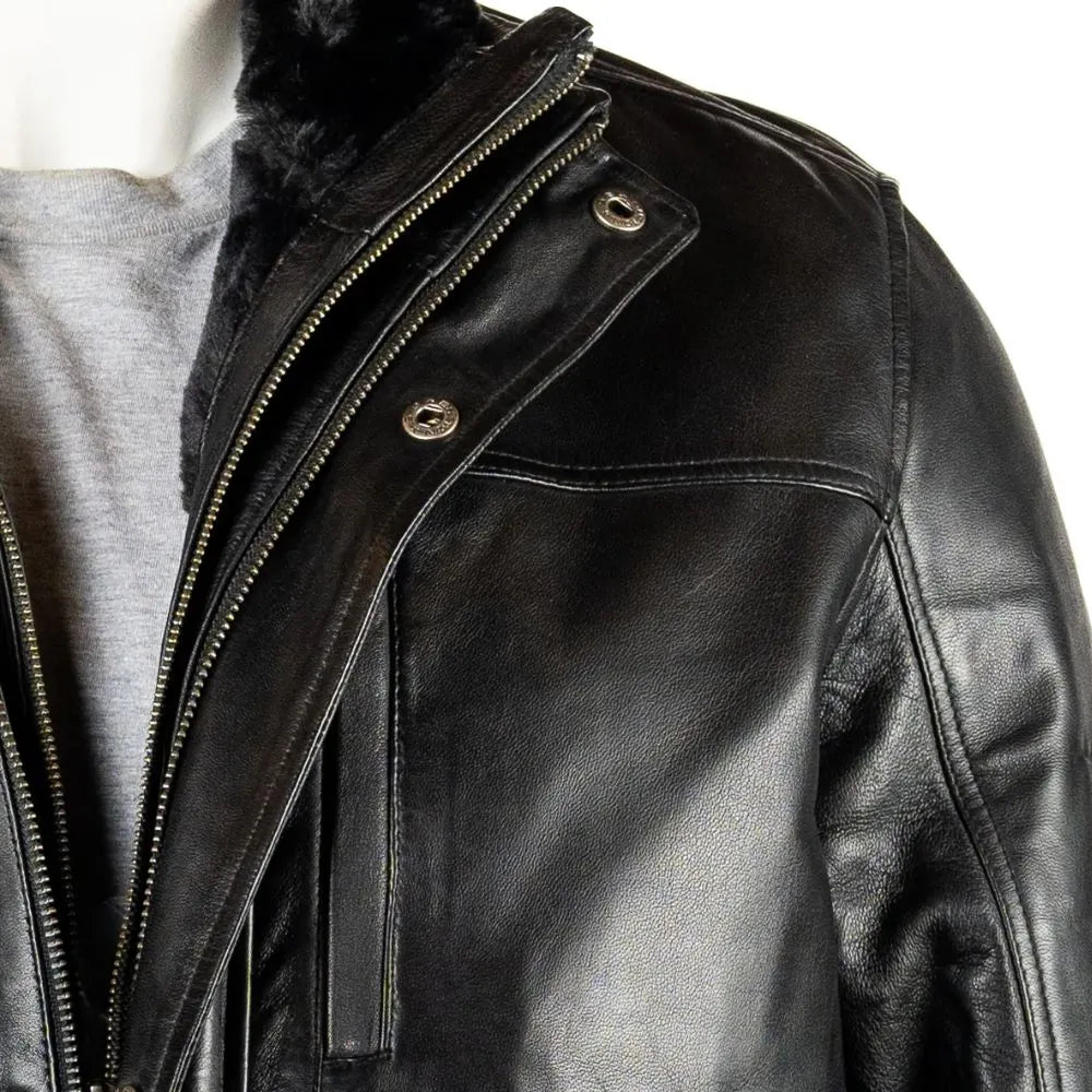 Men Smart Removable Inner Collar Black Leather Coat 