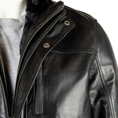 Men Smart Removable Inner Collar Black Leather Coat 
