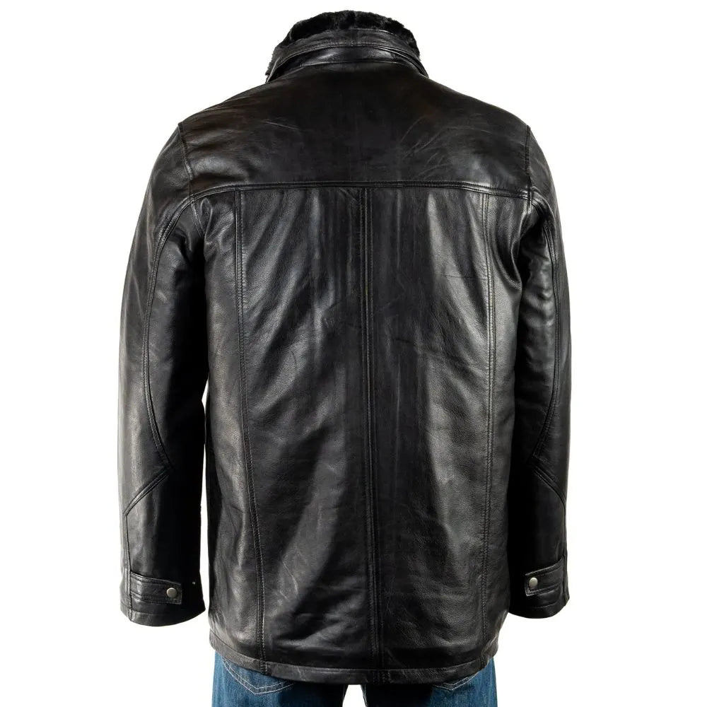 Men Smart Removable Inner Collar Black Leather Coat 