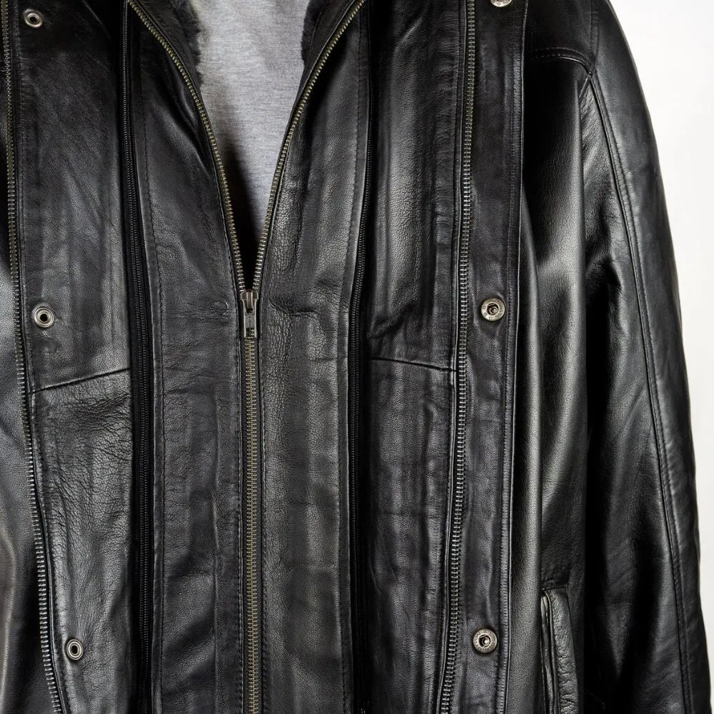 Men Smart Removable Inner Collar Black Leather Coat 