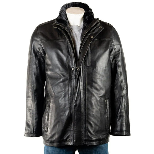 Men Smart Removable Inner Collar Black Leather Coat 