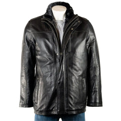 Men Smart Removable Inner Collar Black Leather Coat 