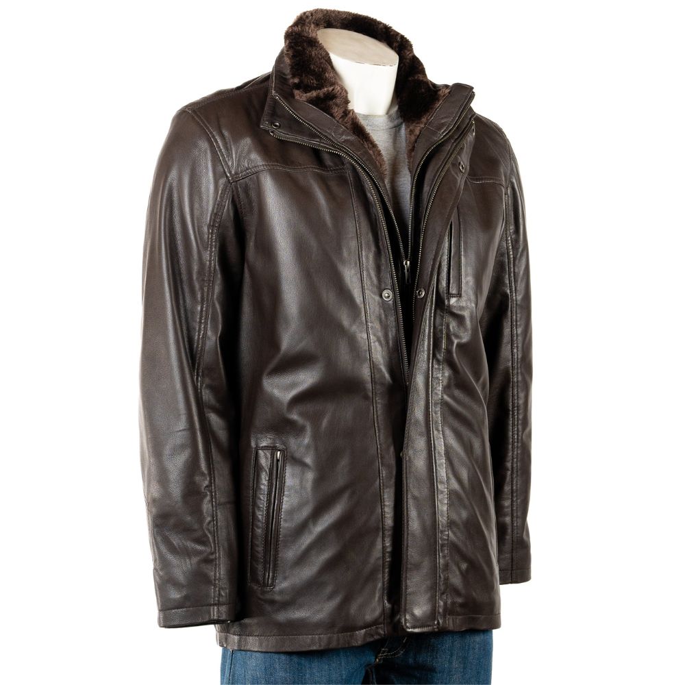 Men Smart Removable Inner Collar Brown Leather Coat 