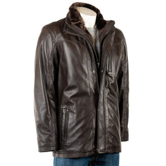 Men Smart Removable Inner Collar Brown Leather Coat 