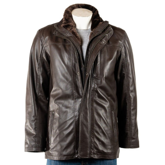 Men Smart Removable Inner Collar Brown Leather Coat 