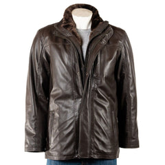 Men Smart Removable Inner Collar Brown Leather Coat 