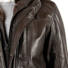 Men Smart Removable Inner Collar Brown Leather Coat 