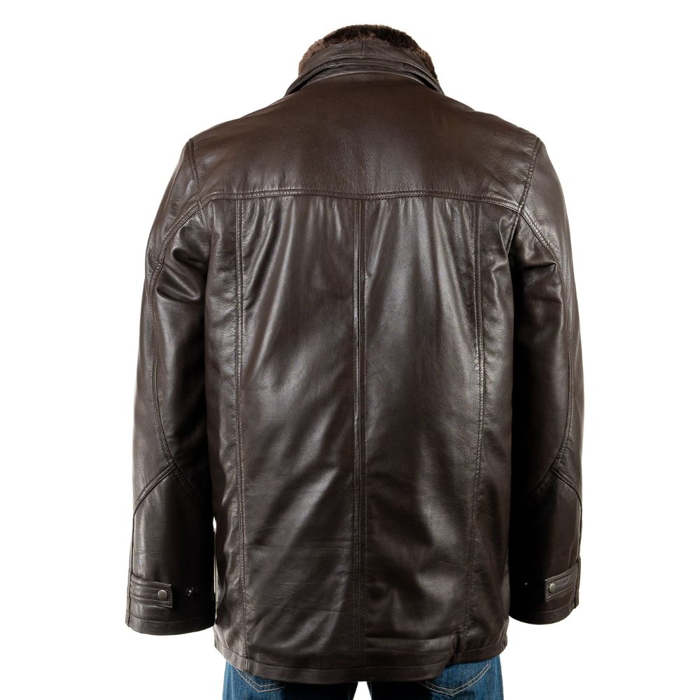 Men Smart Removable Inner Collar Brown Leather Coat 