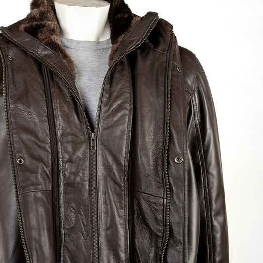 Men Smart Removable Inner Collar Brown Leather Coat 