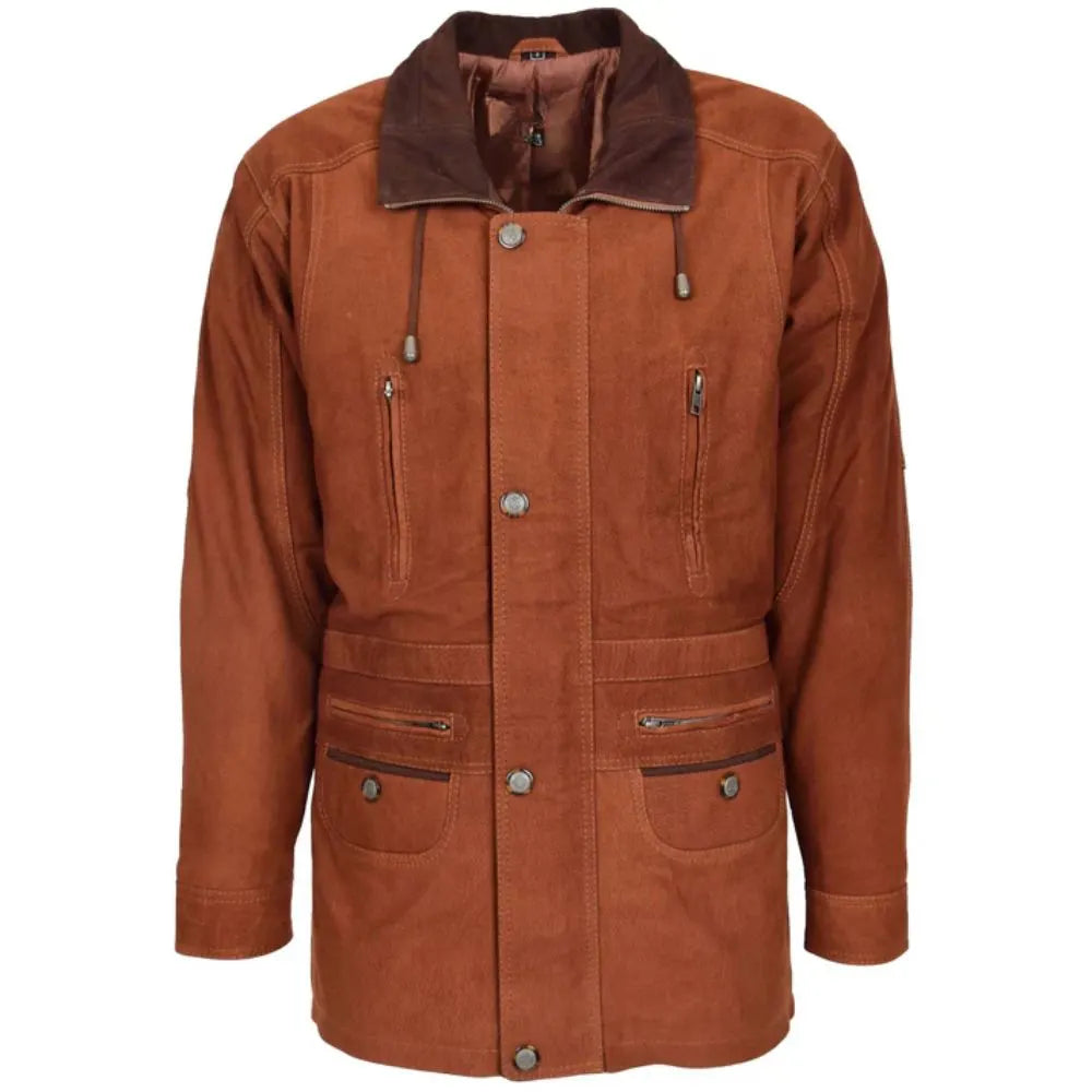 Men Tan Nubuck Leather Winter Coat