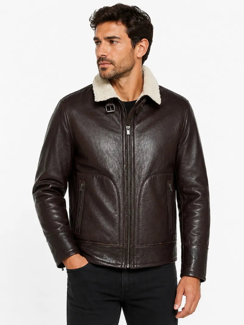 Men's Teddy Lining Casual Leather Jacket, closure detail