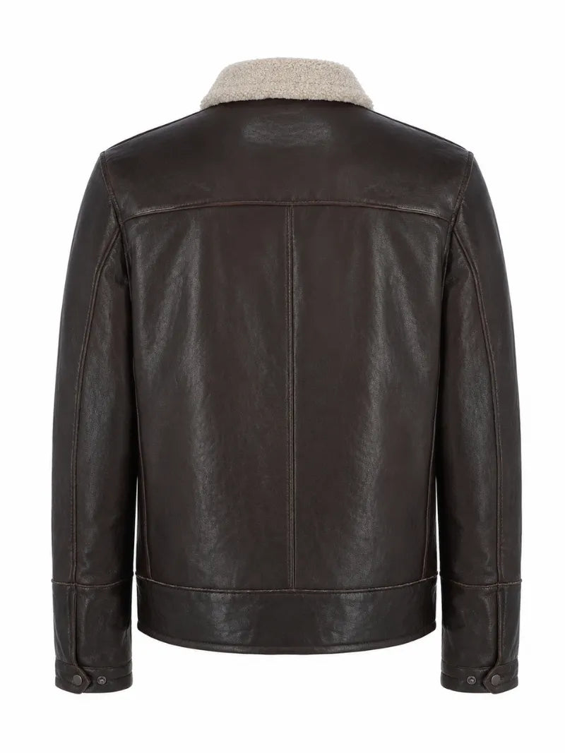 Men's Teddy Lining Casual Leather Jacket, back view
