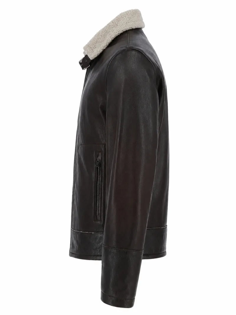 Men's Teddy Lining Casual Leather Jacket, collar detail