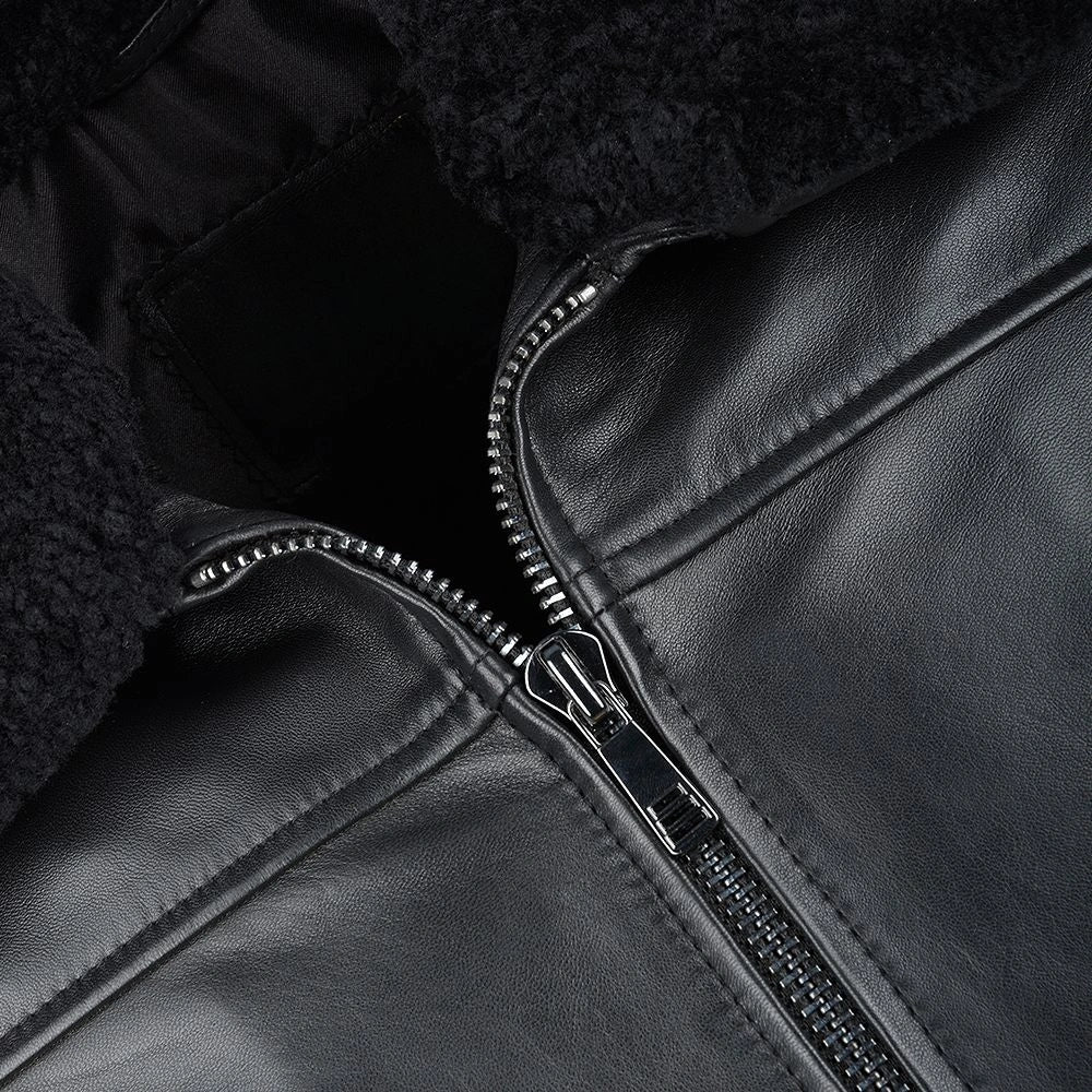 Men Vegetable Leather Shearling Collar Biker Leather Jacket 