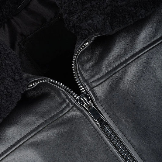 Men Vegetable Leather Shearling Collar Biker Leather Jacket 