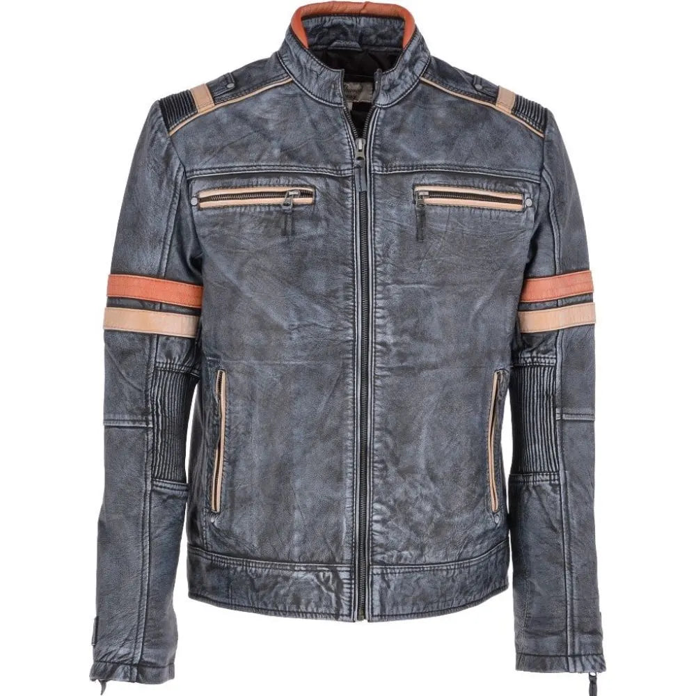 Men Vintage Blue Leather Biker Jacket 