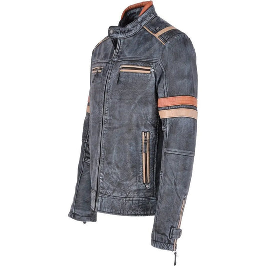 Men Vintage Blue Leather Biker Jacket 