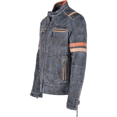 Men Vintage Blue Leather Biker Jacket 