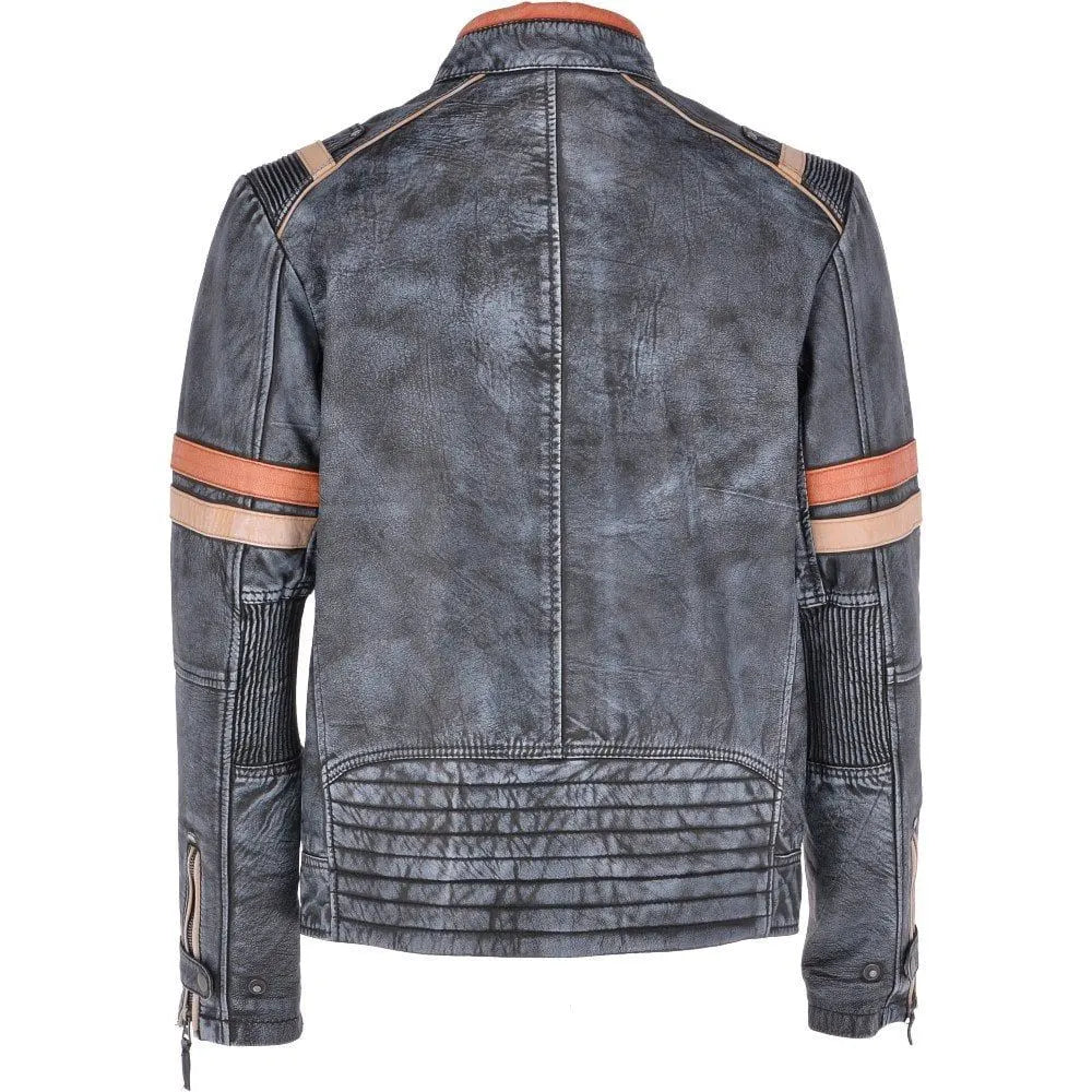 Men Vintage Blue Leather Biker Jacket 